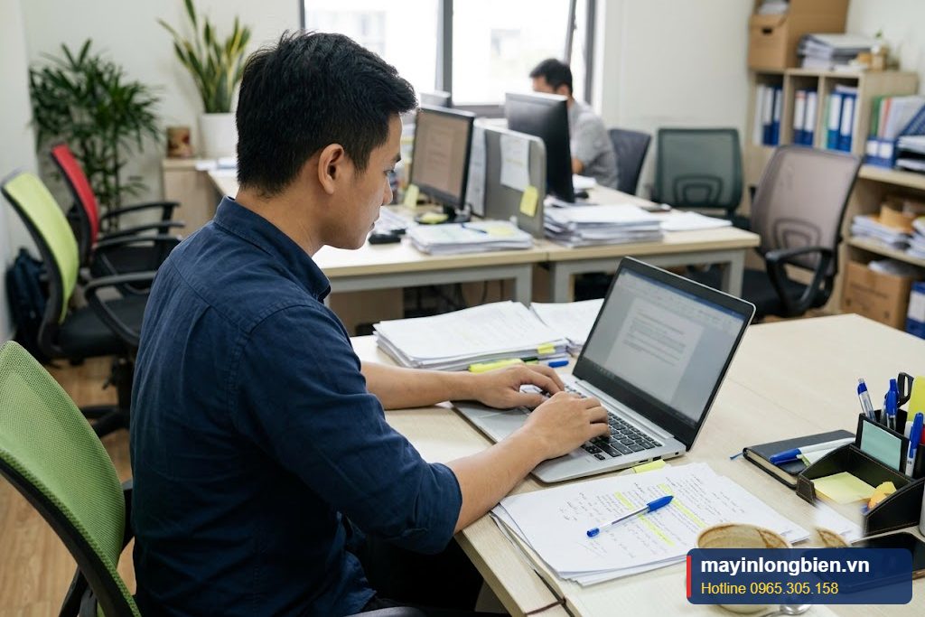 Nhân viên văn phòng làm việc với laptop tại bàn Nhân viên văn phòng làm việc với laptop tại bàn