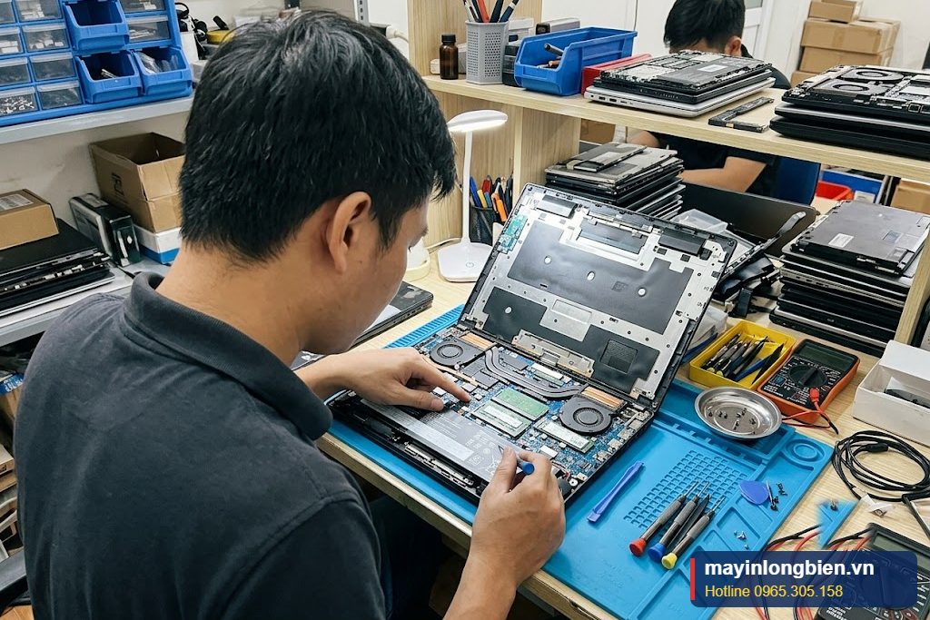 Kỹ thuật viên kiểm tra cấu hình laptop trước khi giao Kỹ thuật viên kiểm tra cấu hình laptop trước khi giao