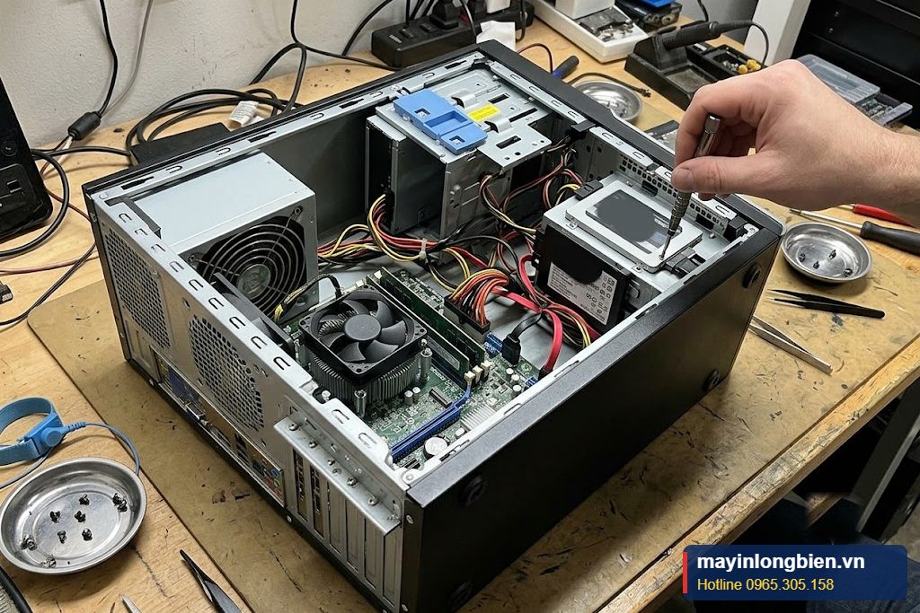 Bên trong thùng máy tính để bàn: mainboard, RAM, SSD Bên trong thùng máy tính để bàn: mainboard, RAM, SSD