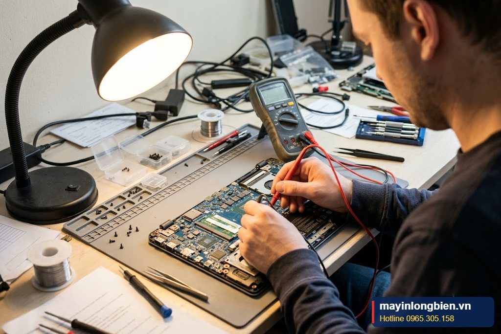 Kỹ thuật viên kiểm tra mainboard laptop để đánh giá chi phí sửa Kỹ thuật viên kiểm tra mainboard laptop để đánh giá chi phí sửa