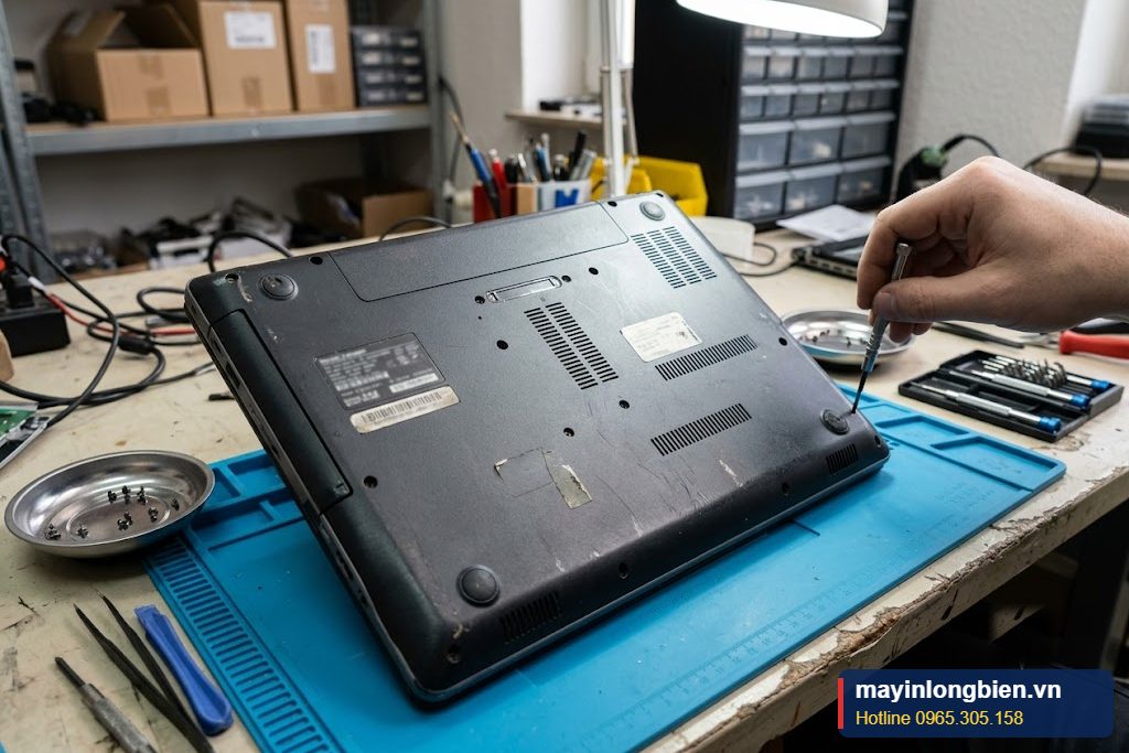 Mặt dưới laptop cũ, kiểm tra ốc vít và dấu hiệu tháo lắp