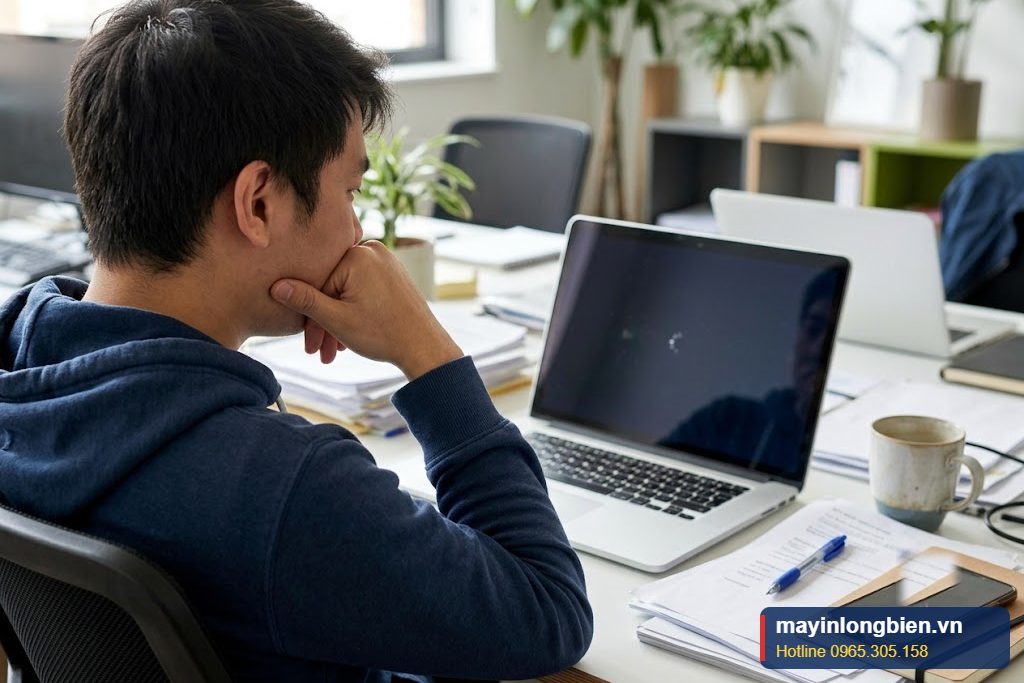 Người dùng chờ laptop xử lý chậm tại bàn làm việc