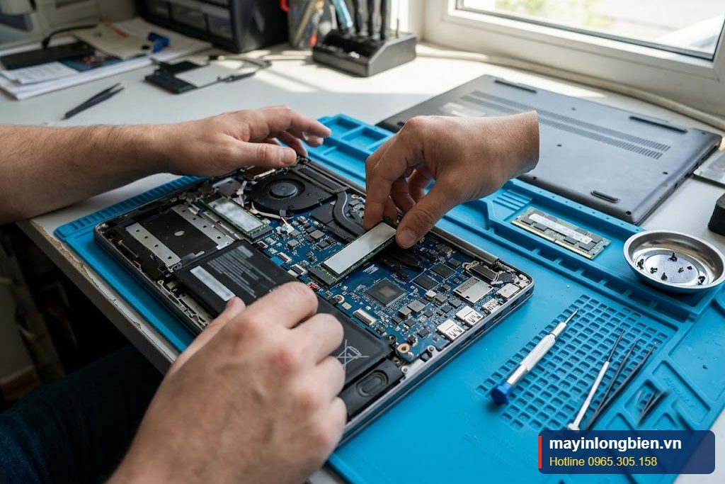 Kỹ thuật viên lắp SSD và RAM vào laptop Kỹ thuật viên lắp SSD và RAM vào laptop
