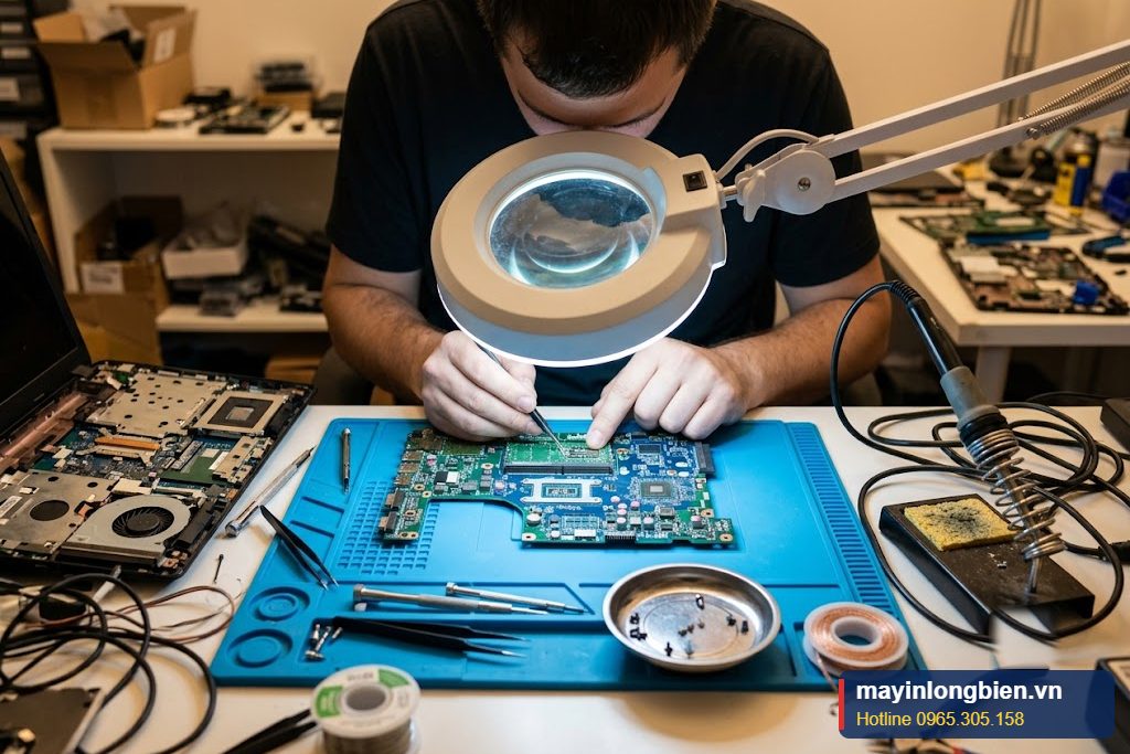 Kỹ thuật viên kiểm tra mạch sạc trên mainboard laptop Kỹ thuật viên kiểm tra mạch sạc trên mainboard laptop