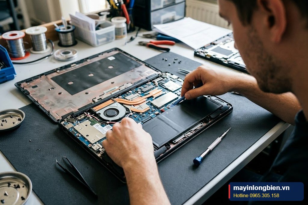 Kỹ thuật viên Thần Vũ thay pin MacBook tại xưởng ở Hà Nội