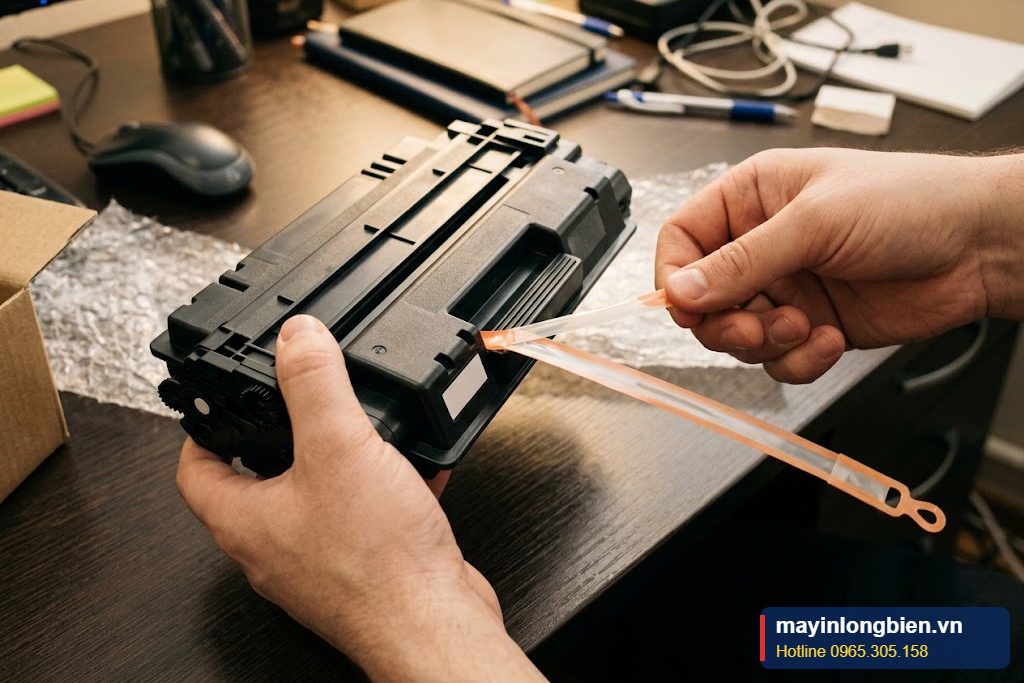 Hộp mực mới cần bóc băng bảo vệ trước khi lắp Hộp mực mới cần bóc băng bảo vệ trước khi lắp