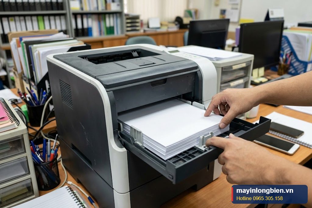 Xếp giấy phẳng, đúng thanh chặn vào khay máy in Xếp giấy phẳng, đúng thanh chặn vào khay máy in