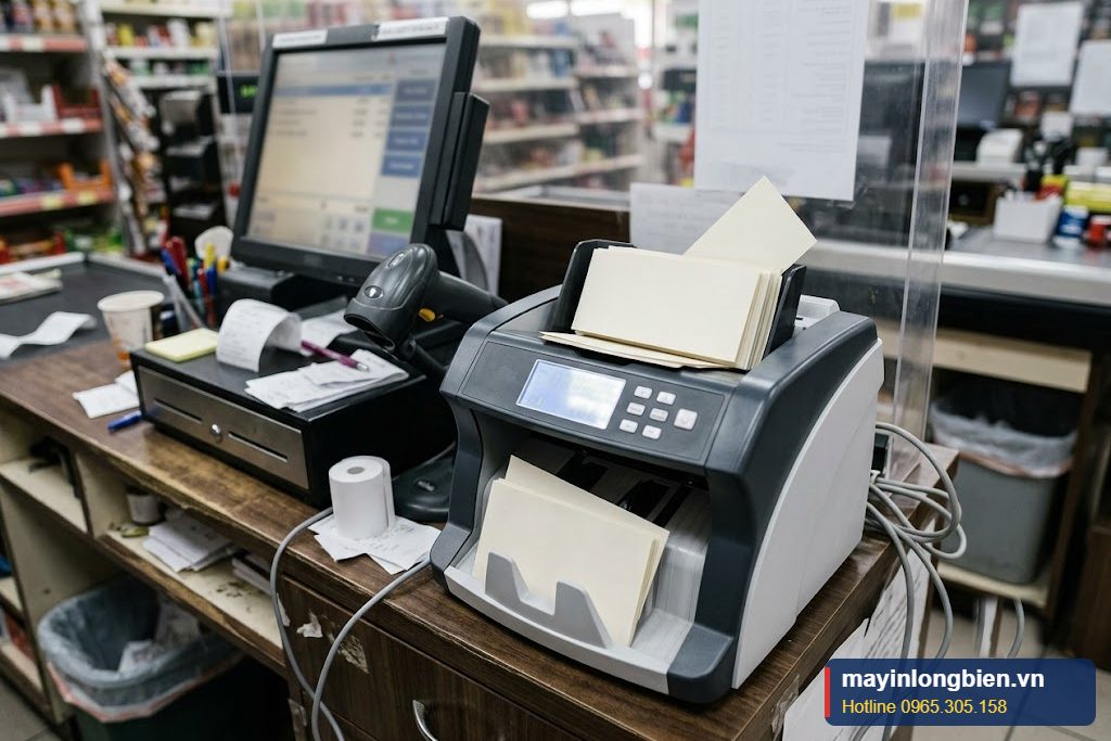 Máy đếm tiền tại quầy thu ngân cửa hàng Máy đếm tiền tại quầy thu ngân cửa hàng