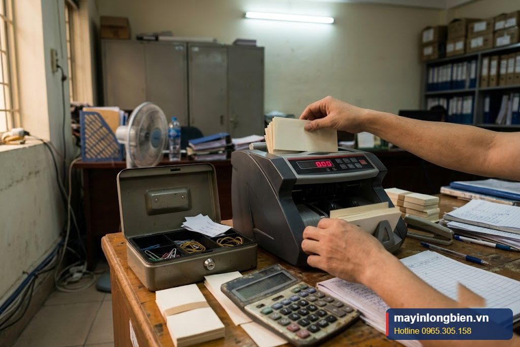 Kế toán dùng máy đếm tiền cuối ngày Kế toán dùng máy đếm tiền cuối ngày