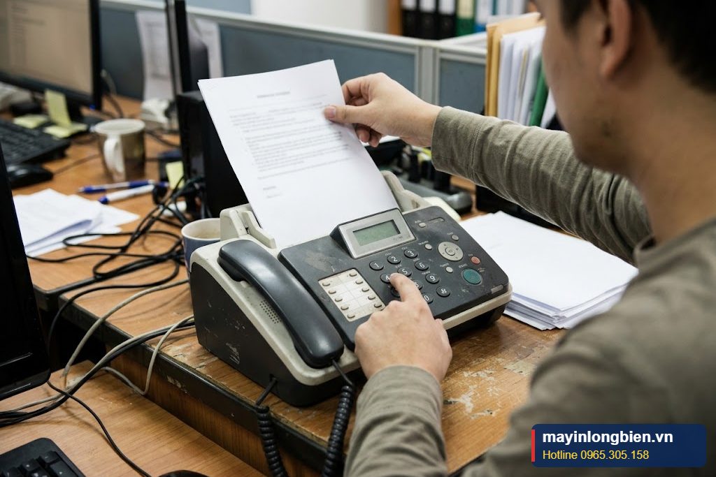 Nhân viên gửi fax chứng từ tại văn phòng