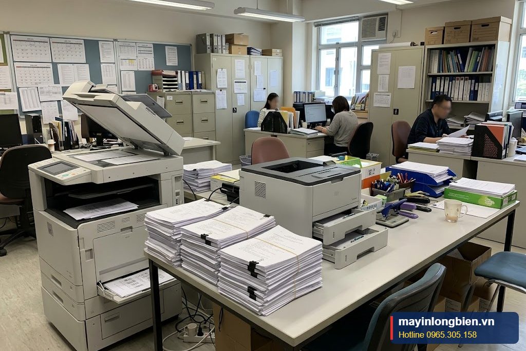 Phòng hành chính trường học với máy in và máy photocopy