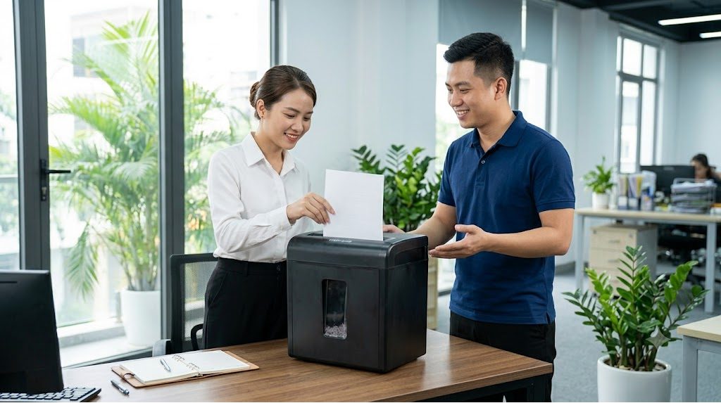 Bàn giao máy hủy tài liệu đã sửa xong cho văn phòng