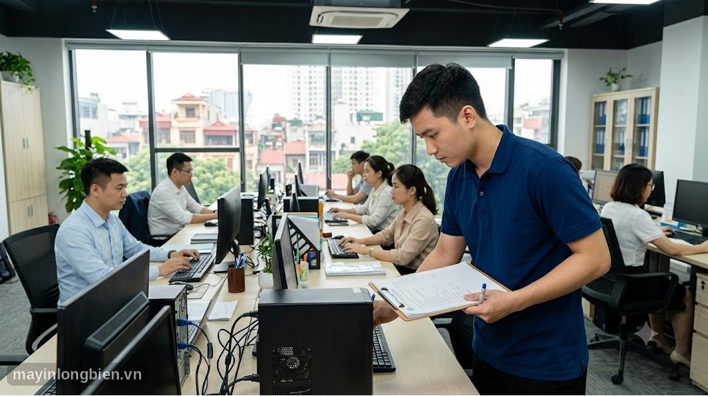 Kỹ thuật viên bảo trì hệ thống máy tính trong văn phòng công ty Hà Nội