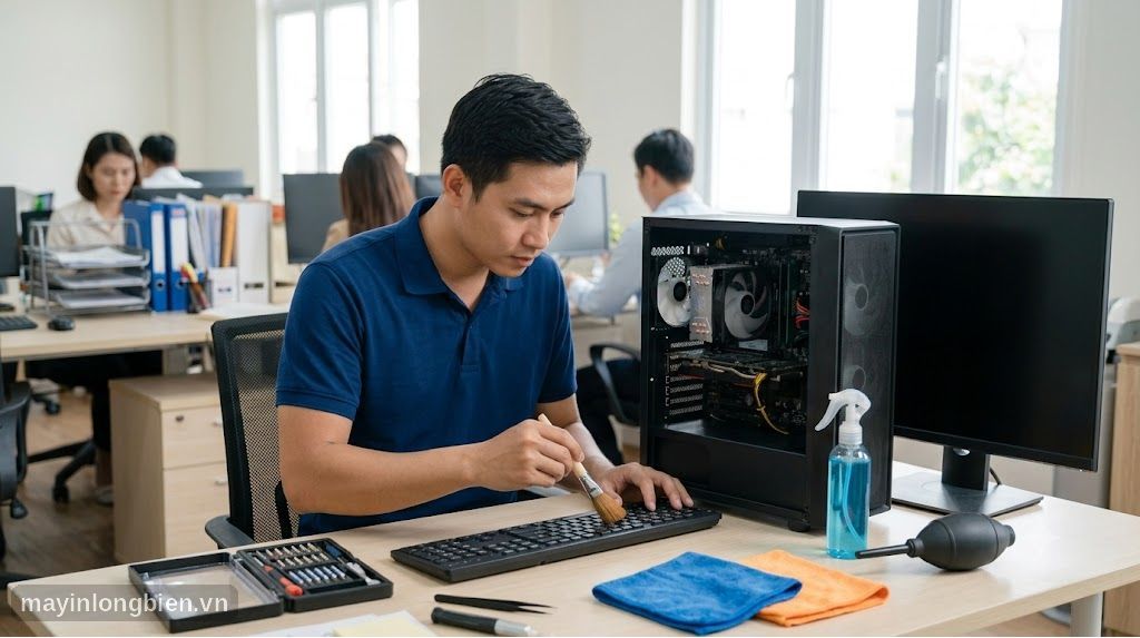 Vệ sinh bàn phím và thùng máy tính tại văn phòng