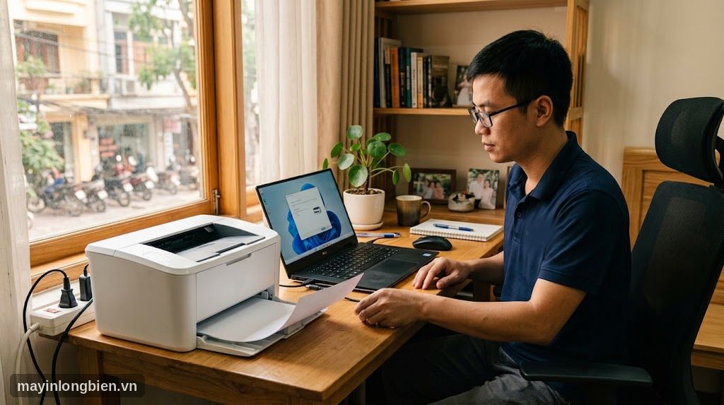 Kỹ thuật viên cài đặt máy in cho laptop tại nhà, máy in đang in trang thử