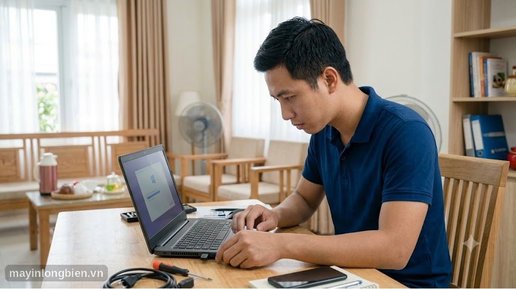 Kỹ thuật viên cài Windows cho laptop tại nhà khách ở Hà Nội