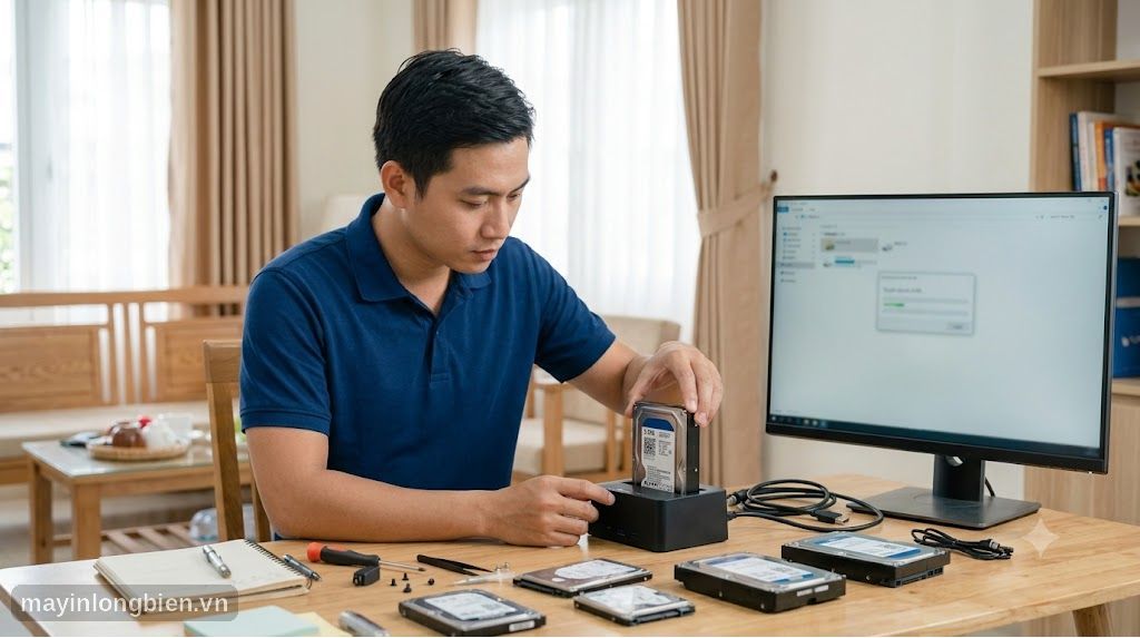 Kỹ thuật viên sao chép dữ liệu từ ổ cứng bằng dock đọc ổ cứng