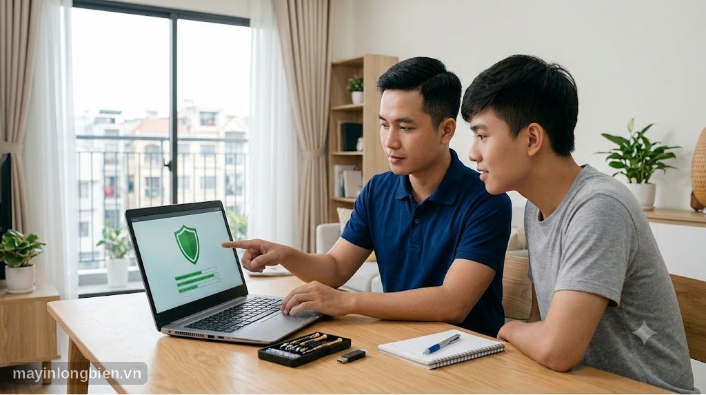 Kỹ thuật viên quét virus cho laptop của khách tại căn hộ Hà Nội