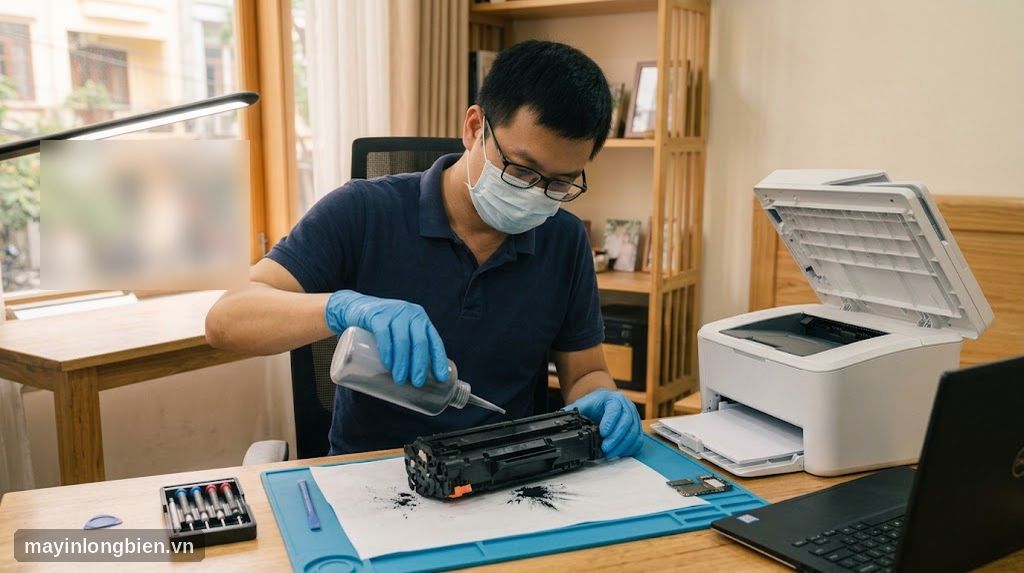 Kỹ thuật viên đổ mực hộp mực máy in laser tại văn phòng