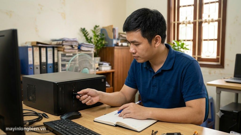 Kỹ thuật viên kiểm tra cổng USB phía trước máy tính văn phòng