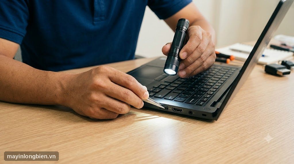 Soi kiểm tra cổng USB laptop bằng đèn pin và nhíp