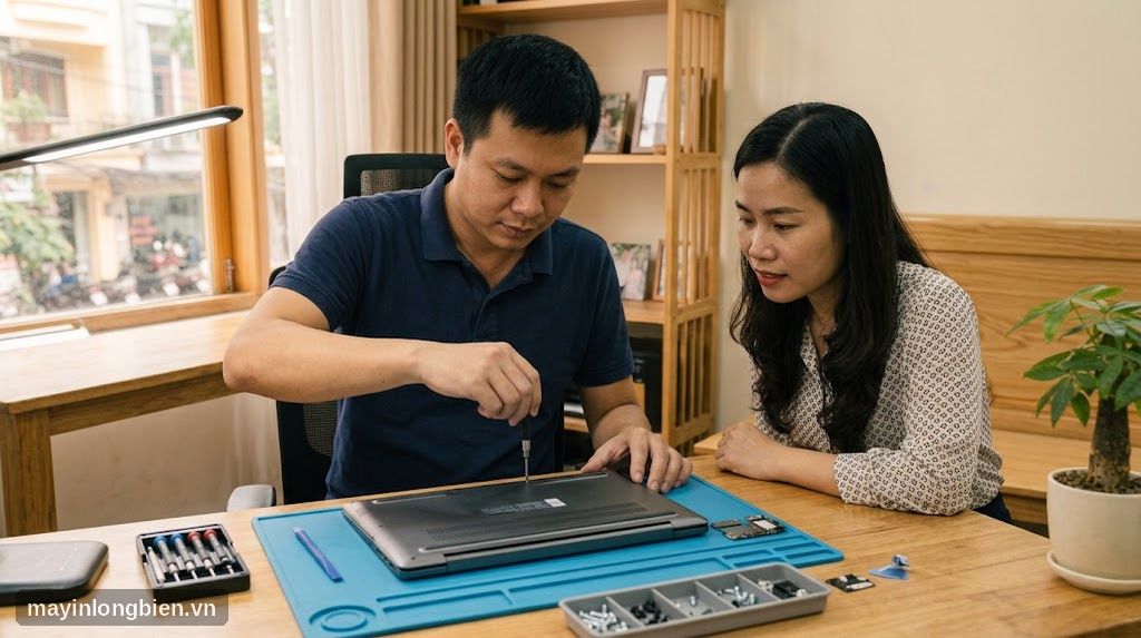 Kỹ thuật viên mở nắp đáy laptop để kiểm tra tại nhà khách