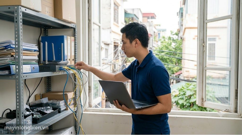 Kỹ thuật viên kiểm tra bộ phát wifi và dây mạng LAN văn phòng