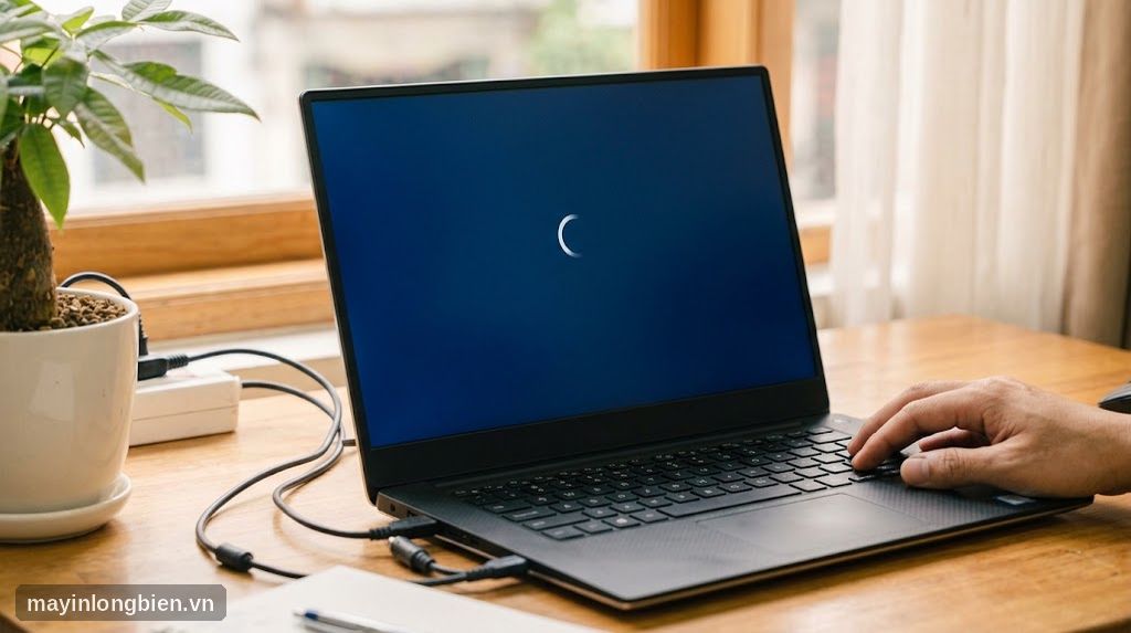 Màn hình laptop hiển thị vòng xoay đang tải