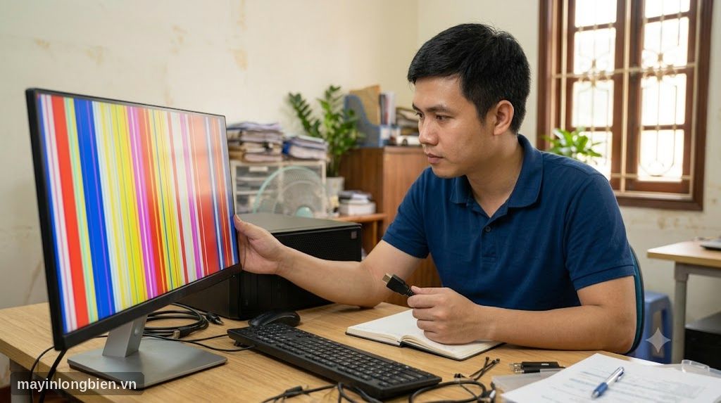Kỹ thuật viên kiểm tra màn hình máy tính bị sọc màu dọc