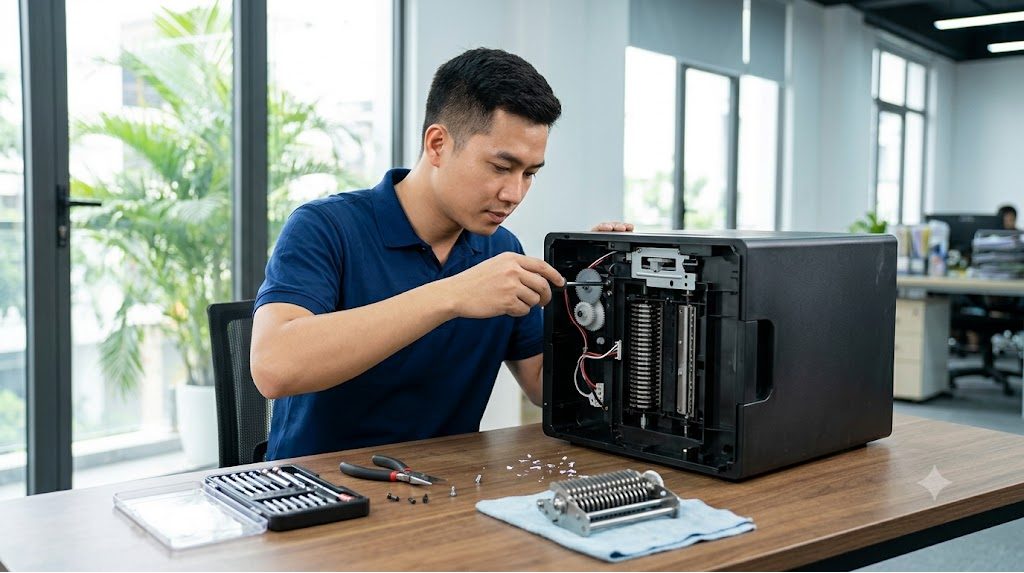 Kỹ thuật viên Thần Vũ sửa máy hủy tài liệu tại văn phòng Hà Nội