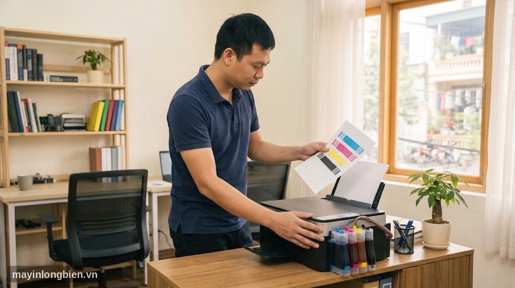 Kỹ thuật viên đọc bản in kiểm tra đầu phun máy in phun màu