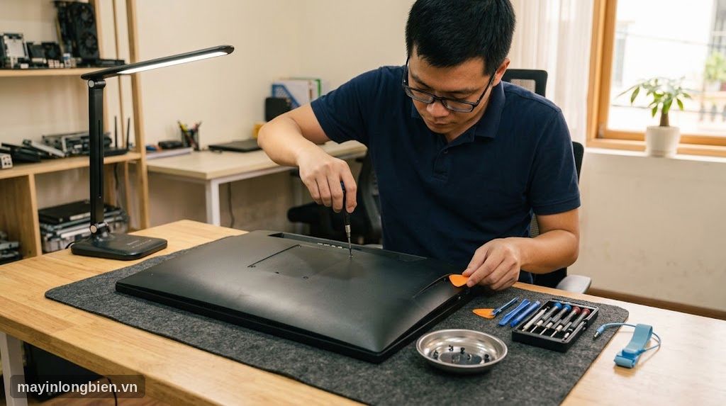 Kỹ thuật viên mở nắp lưng máy tính All in One trên thảm mềm