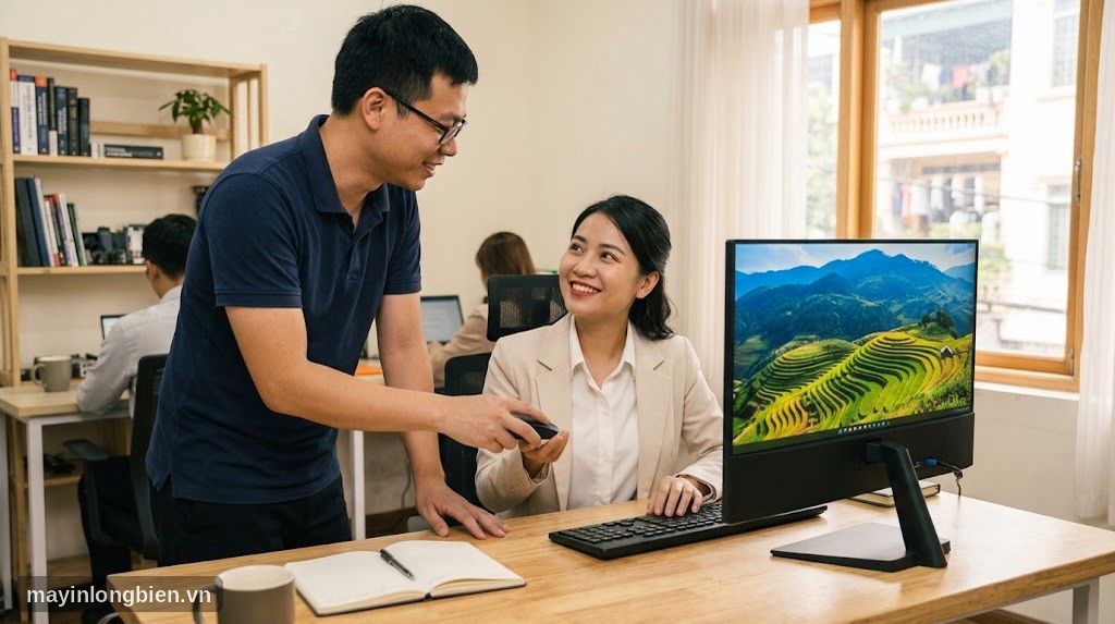 Máy All in One đã sửa xong hoạt động bình thường trên bàn văn phòng