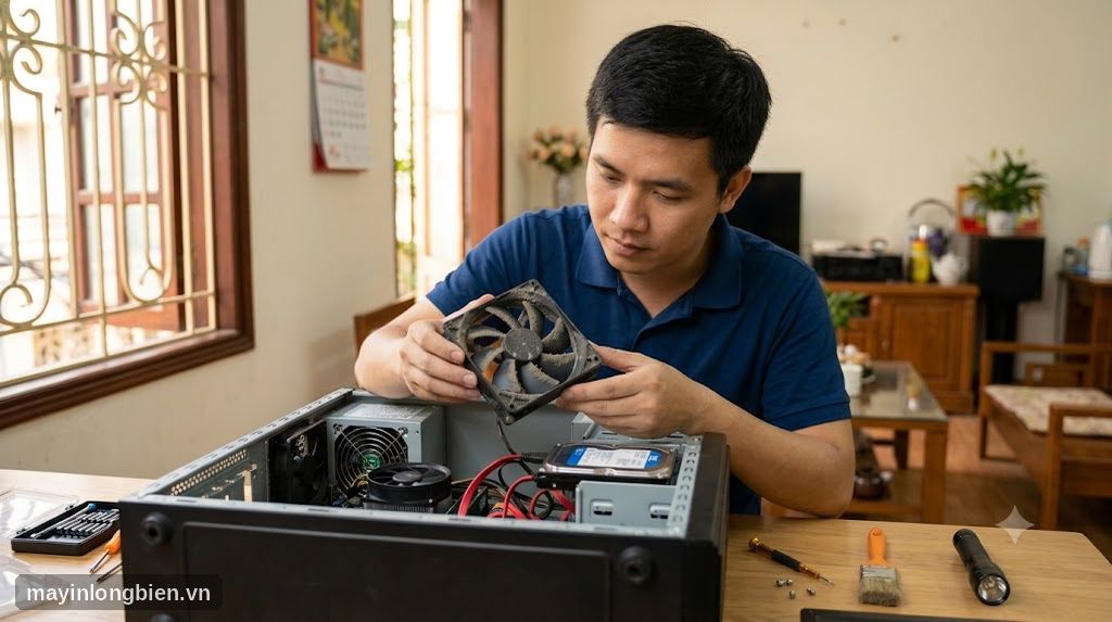Kỹ thuật viên cầm quạt tản nhiệt máy tính bám nhiều bụi