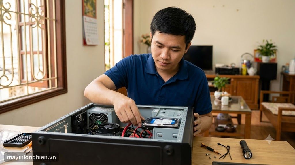 Kỹ thuật viên kiểm tra cáp SATA và ổ cứng trong máy tính để bàn