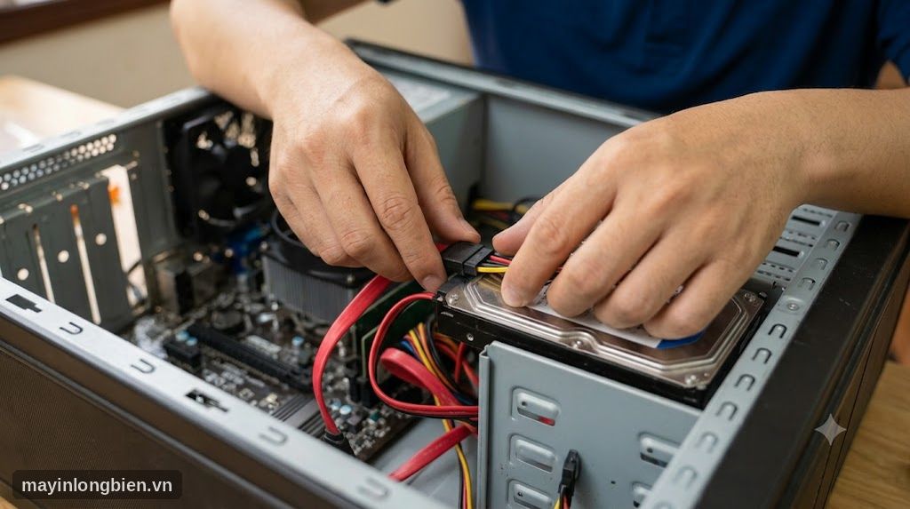Cận cảnh cắm cáp dữ liệu SATA và cáp nguồn vào ổ cứng