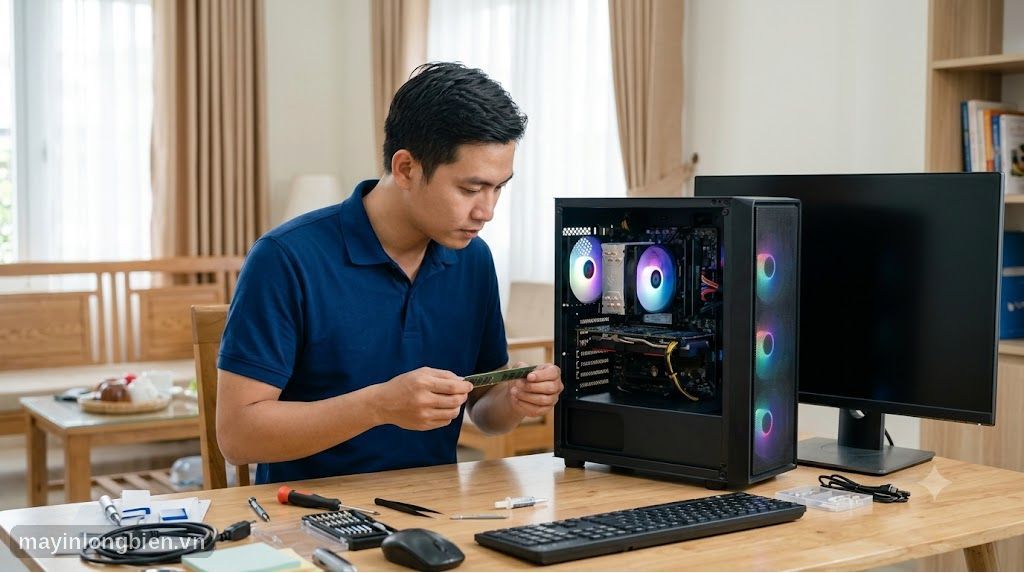 Kỹ thuật viên kiểm tra máy tính lên nguồn nhưng không lên màn hình