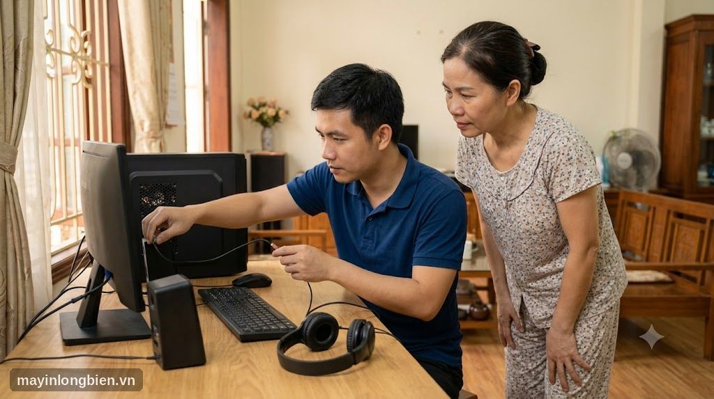 Kỹ thuật viên kiểm tra loa và tai nghe máy tính tại nhà khách