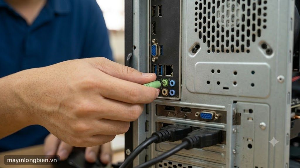 Cận cảnh các cổng âm thanh màu xanh hồng phía sau thùng máy