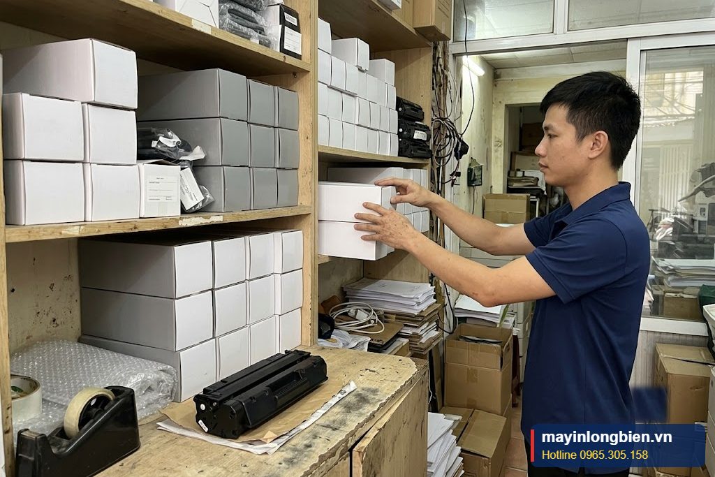 Hộp mực máy in laser xếp trên kệ cửa hàng Thần Vũ tại Hà Nội Hộp mực máy in laser xếp trên kệ cửa hàng Thần Vũ tại Hà Nội