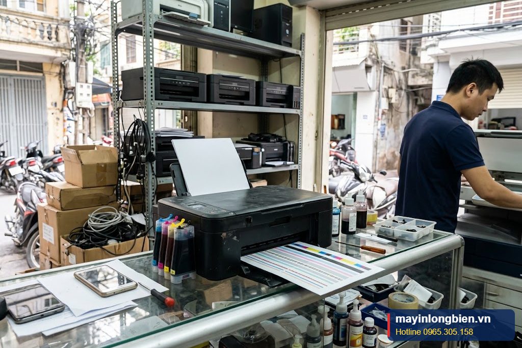 Bán máy in phun màu Canon cũ tại Hà Nội, máy in thử trước khi giao khách