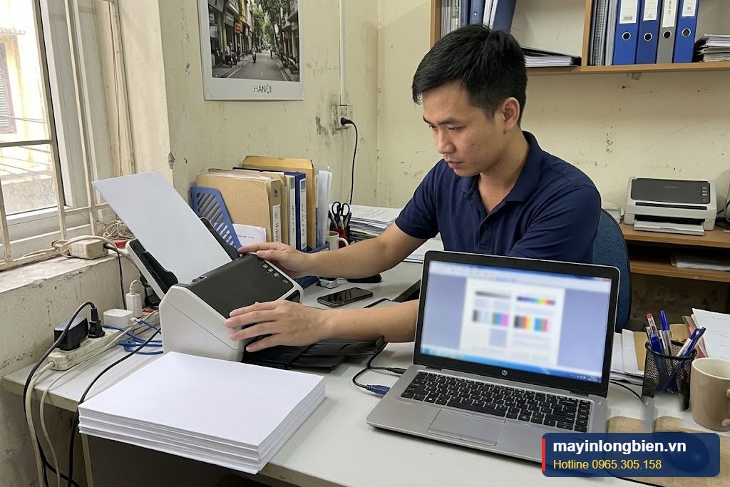 Máy scan cũ nạp giấy tự động đang scan thử hồ sơ tại văn phòng ở Hà Nội