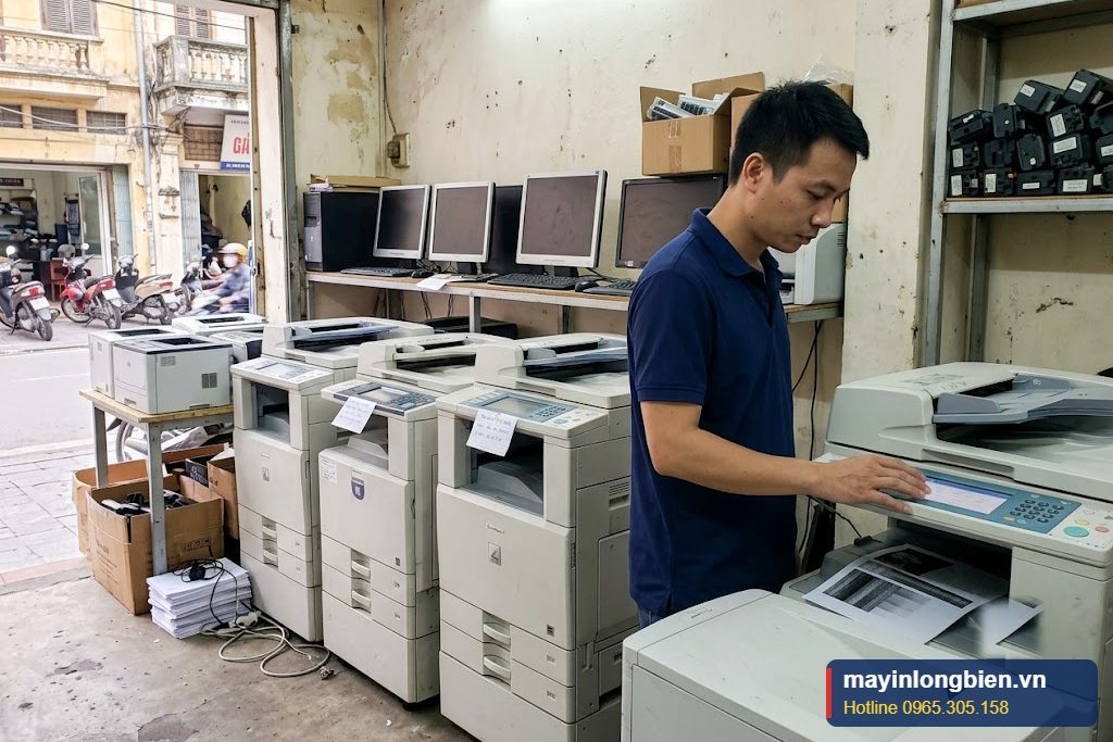 Máy văn phòng cũ gồm máy in, máy photocopy, máy tính được kiểm tra tại cửa hàng Thần Vũ Hà Nội Máy văn phòng cũ gồm máy in, máy photocopy, máy tính được kiểm tra tại cửa hàng Thần Vũ Hà Nội