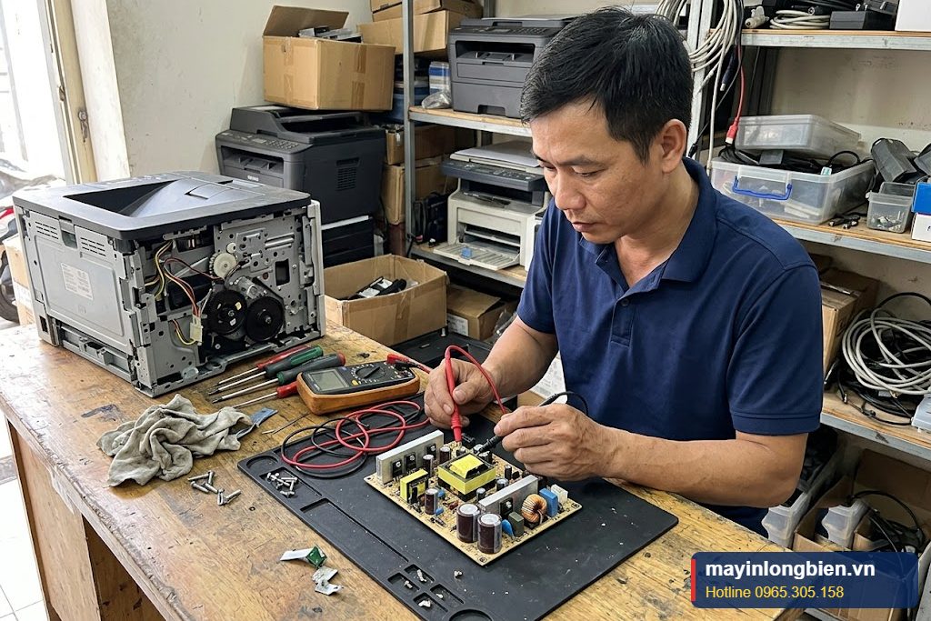 Bo nguồn máy in bóc máy được kỹ thuật viên đo kiểm trước khi lắp Bo nguồn máy in bóc máy được kỹ thuật viên đo kiểm trước khi lắp
