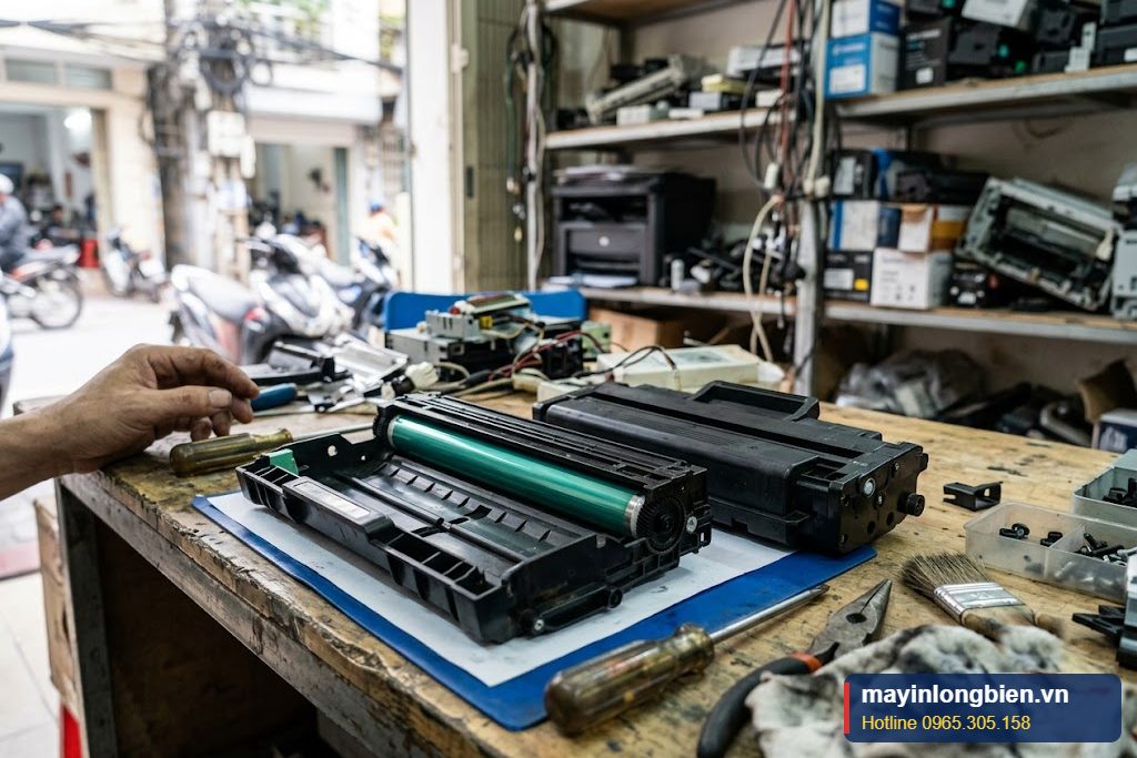 Cụm trống máy in laser và hộp mực đặt trên bàn kỹ thuật tại cửa hàng