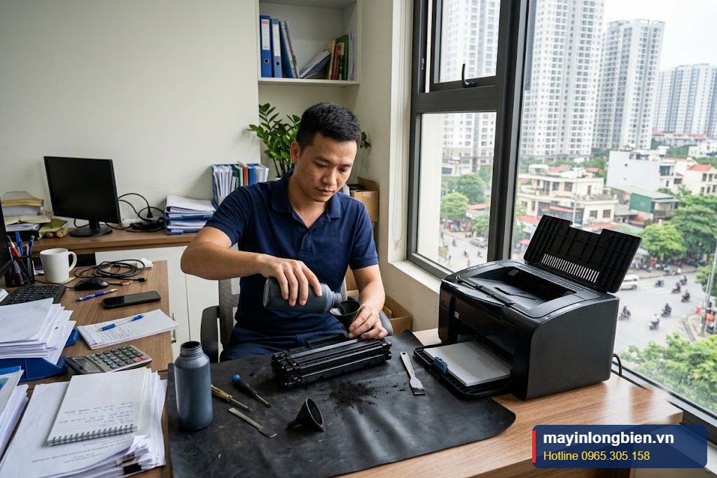Kỹ thuật viên đổ mực máy in tại quận Hà Đông, nạp mực hộp laser ngay tại văn phòng khách