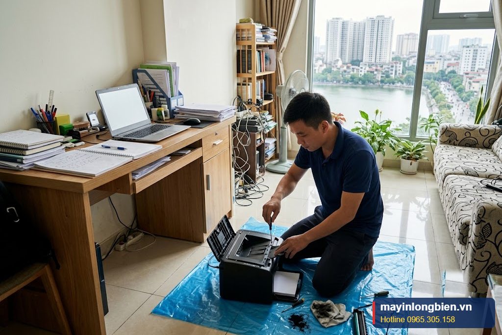 Đổ mực máy in tại Linh Đàm, kỹ thuật viên nạp mực trong căn hộ chung cư có trải bạt chống bụi