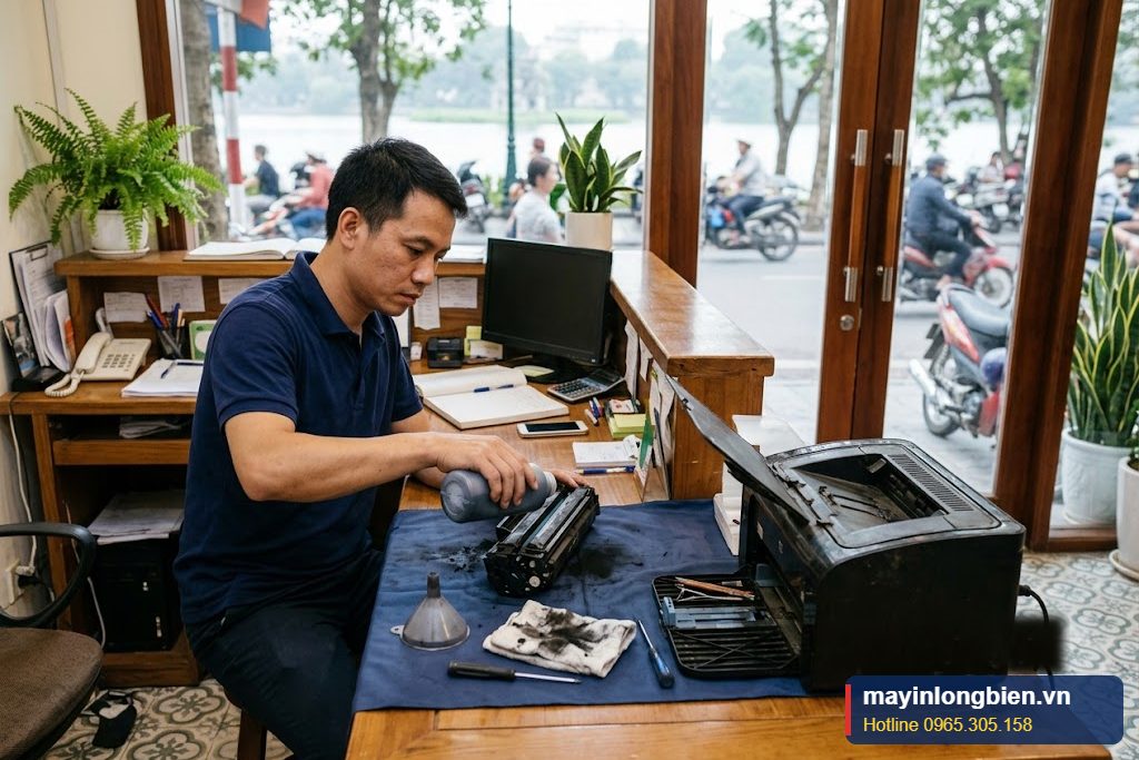 Đổ mực máy in tại quận Tây Hồ cho văn phòng và khách sạn nhỏ, kỹ thuật viên nạp mực tại quầy lễ tân