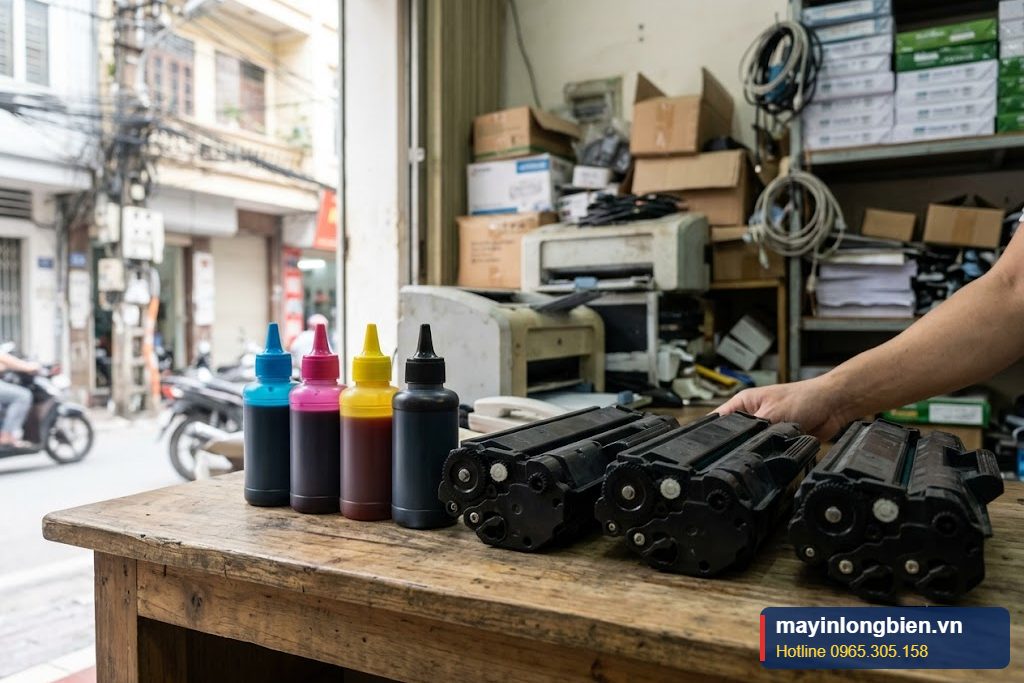 Mực máy in màu dạng chai và hộp mực laser bốn màu bày trên bàn cửa hàng