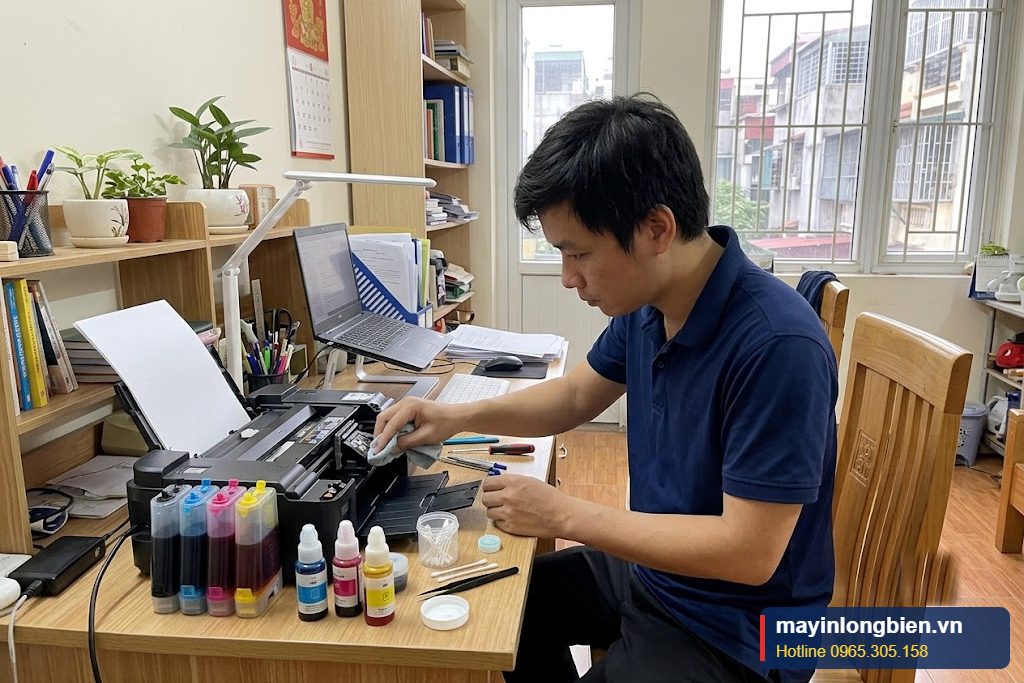 Kỹ thuật viên Thần Vũ vệ sinh đầu in máy in phun màu Canon tại nhà